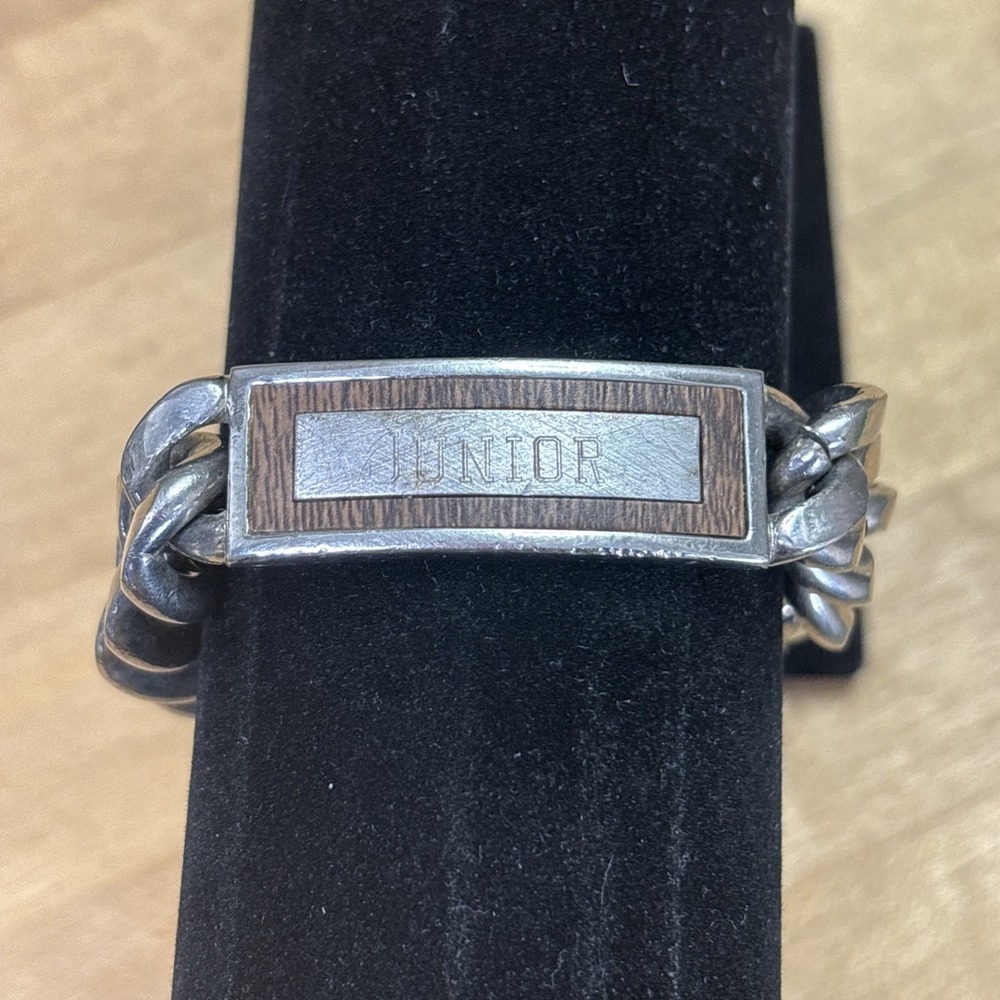 Vintage Speidel Junior ID Bracelet Stainless Steel Faux Wood Grain Mens